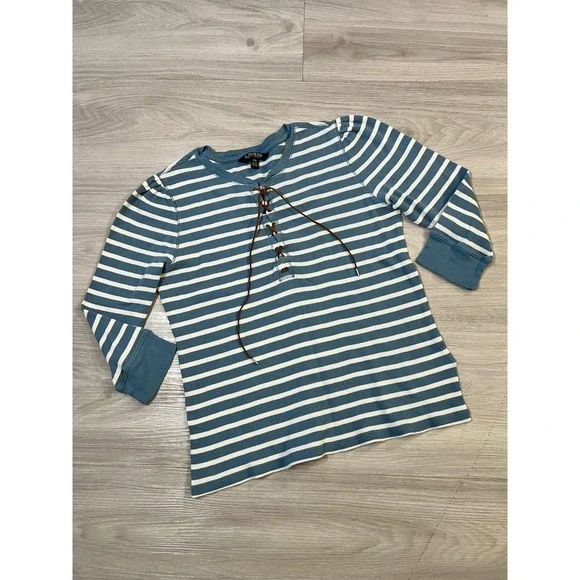Lauren Ralph Lauren Women Top Striped Henley Long Sleeve Lace Up Blue White Sz L - Picture 1 of 14